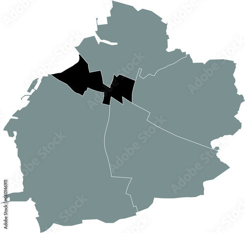 Black location map of the Innerstaden (Inner City) district inside gray urban districts map of the Swedish regional capital city of Malmö, Sweden