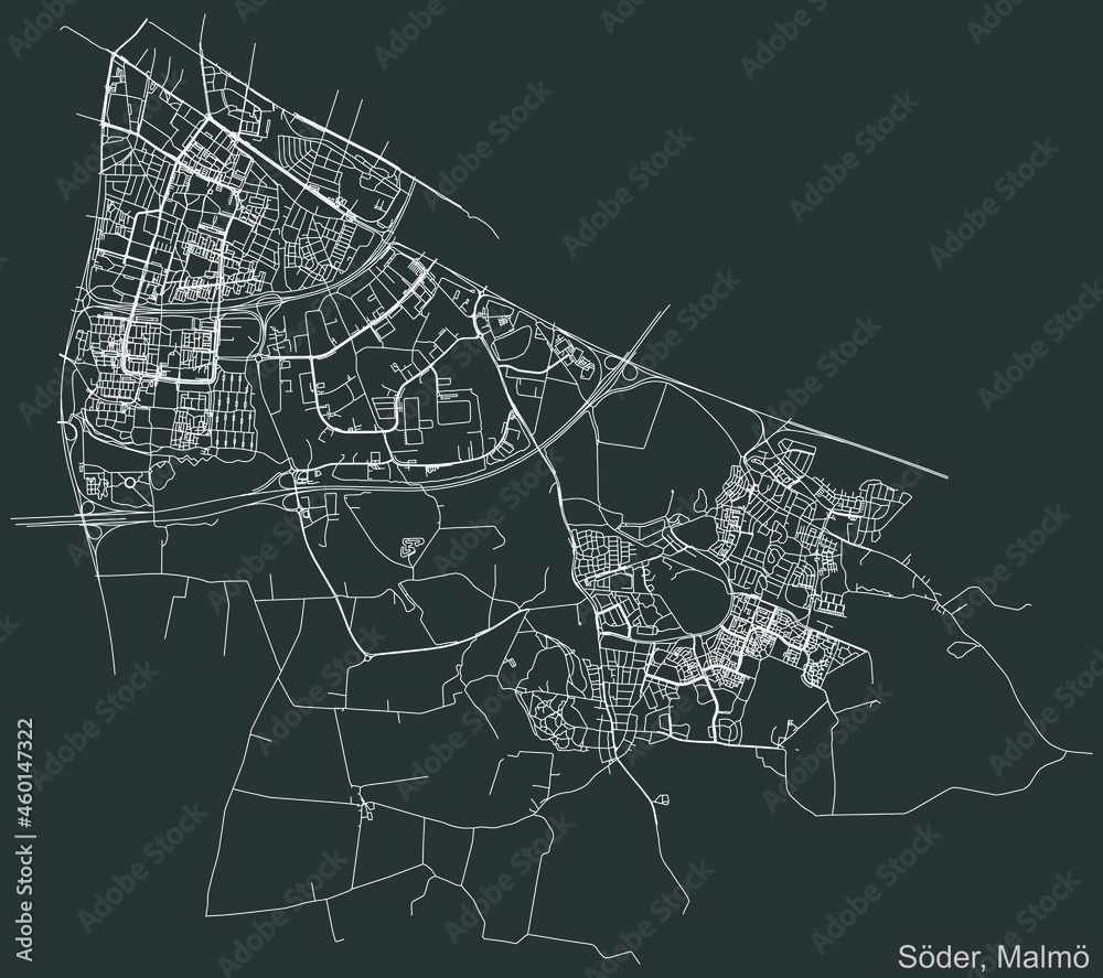 Detailed negative navigation urban street roads map on dark gray background of the quarter Söder (South) district of the Swedish regional capital city of Malmö, Sweden
