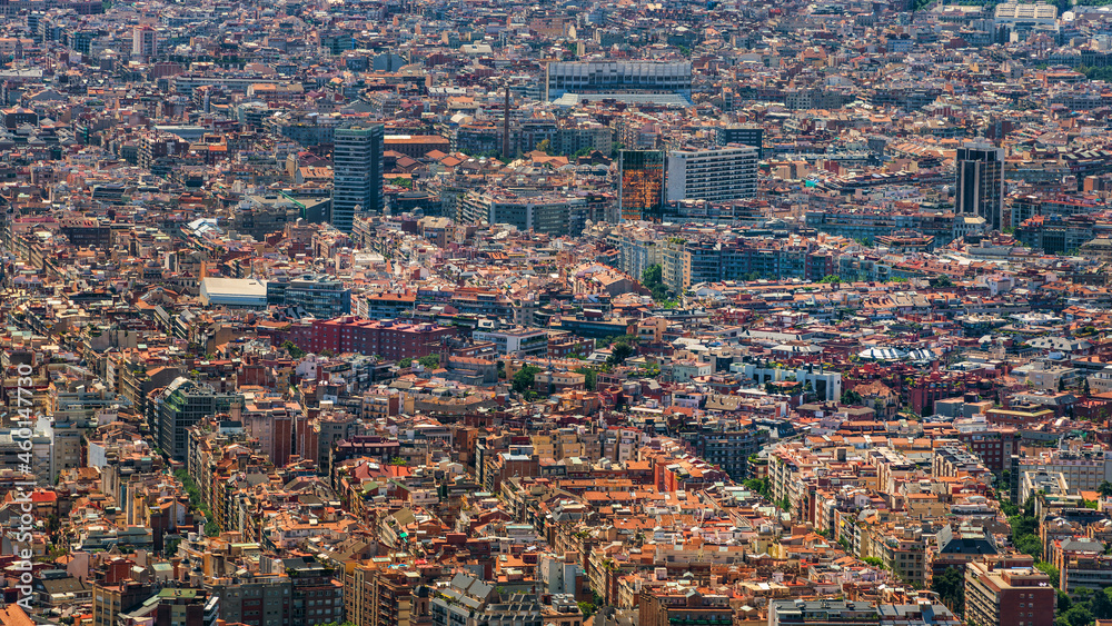 View of the central densely populated areas of Barcelona on a summer day