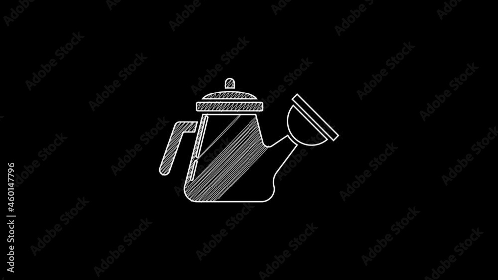 White line Watering can icon isolated on black background. Irrigation symbol. 4K Video motion graphic animation White line Watering can icon isolated on black background. Irrigation symbol. 4K Video motion graphic animation