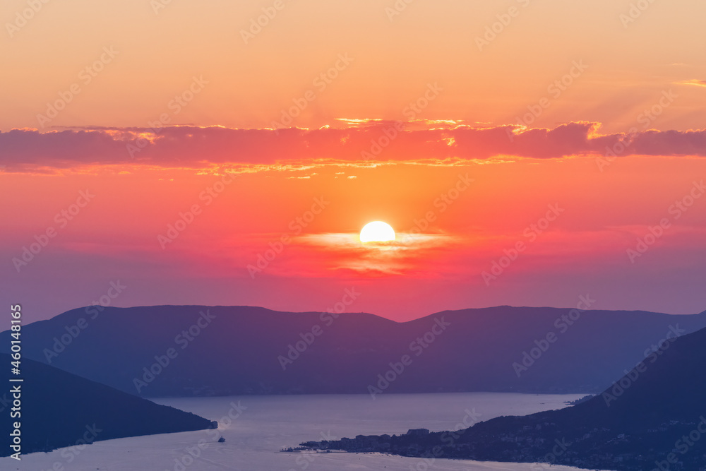 View to Boka Kotor Bay from above at sunset, Montenegro View to Boka Kotor Bay from above at sunset, Montenegro