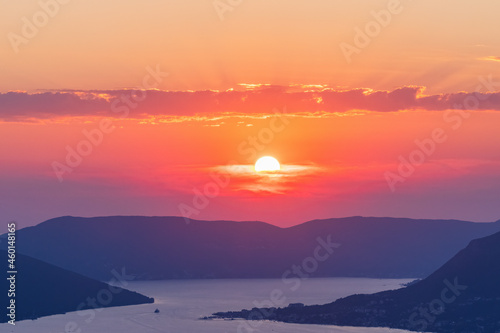 View to Boka Kotor Bay from above at sunset, Montenegro
