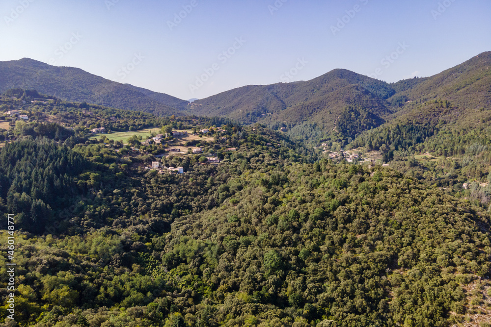 Aerial view of the village of Soudorgues in the Cevennes mountains (South of Massif Central, France)