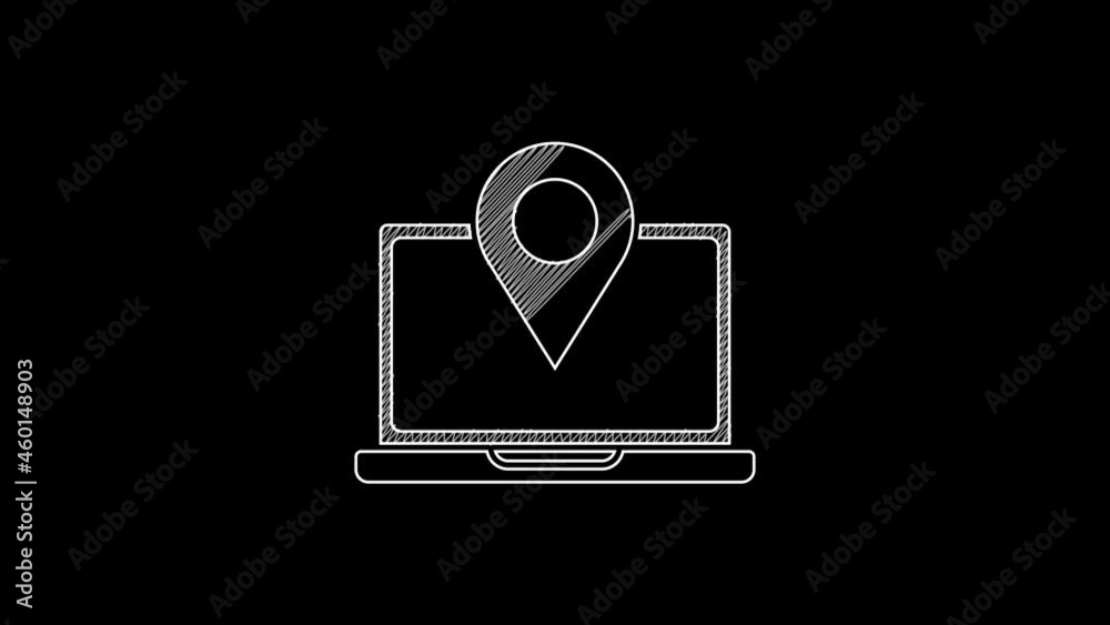 White line Laptop with location marker icon isolated on black background. 4K Video motion graphic animation White line Laptop with location marker icon isolated on black background. 4K Video motion graphic animation