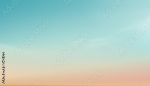 Pastel Sky in blue, orange, peach, light green colour Background, Dramatic twilight landscape with Sunset in evening,Vector horizon Sunrise in Morning banner of Sunlight for four season backdrop