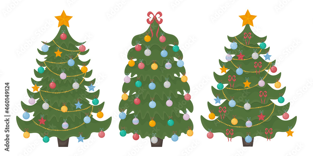 Christmas trees. A set of three Christmas trees decorated with festive toys, garlands and a golden star on the top and also bows. Vector illustration of a Christmas pine tree isolated Christmas trees. A set of three Christmas trees decorated with festive toys, garlands and a golden star on the top and also bows. Vector illustration of a Christmas pine tree isolated