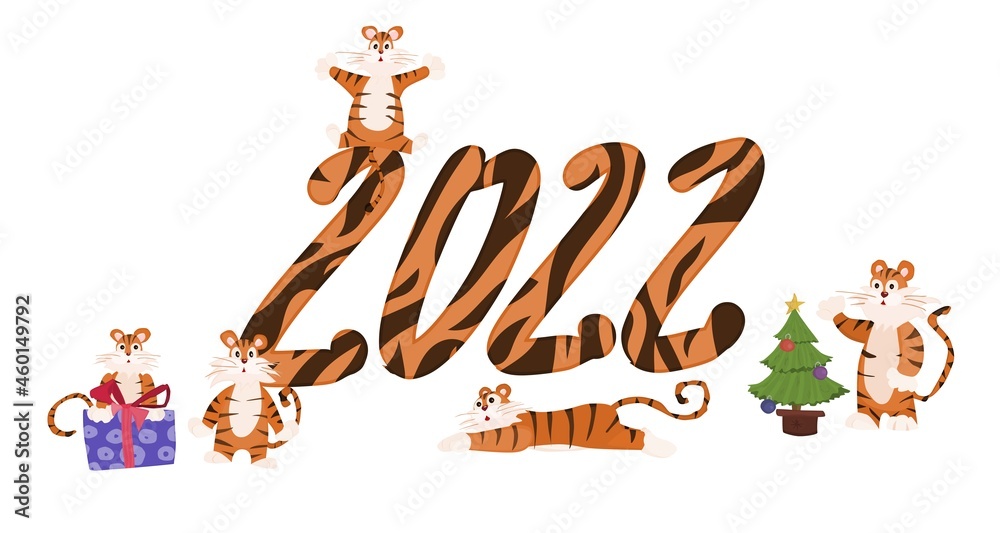 inscription 2022 and a flock of tigers. flat style