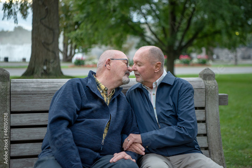 Elderly gay couple sitting on a park bench lean in to kiss each other.   One has his arms linked through his partner's arms.  Love and affection.