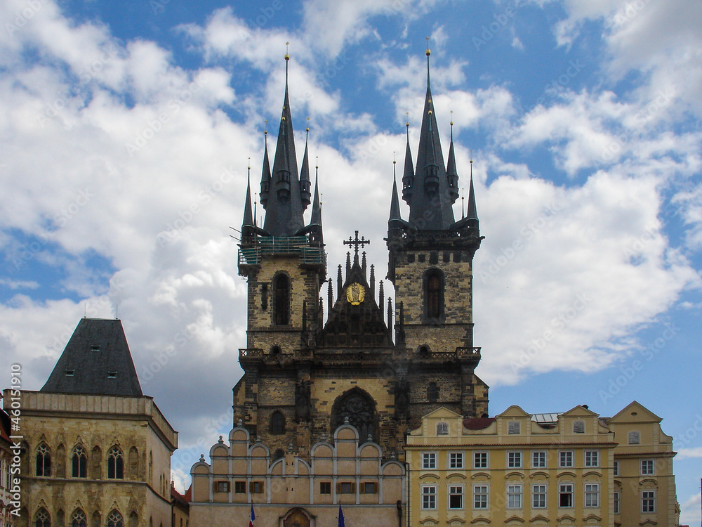 Front view of Tyn church from the Old Town Square in Prague