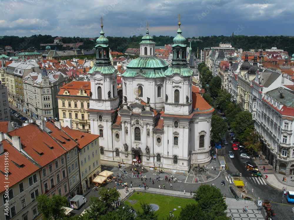 Aerial view of St. Nicholas church from the top of the Old Town City Hall tower of Prague