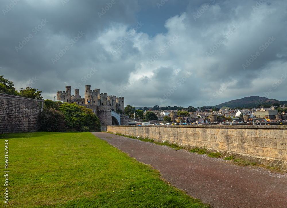 Conwy Castle in Wales, outside and inside view of the town of Conwy