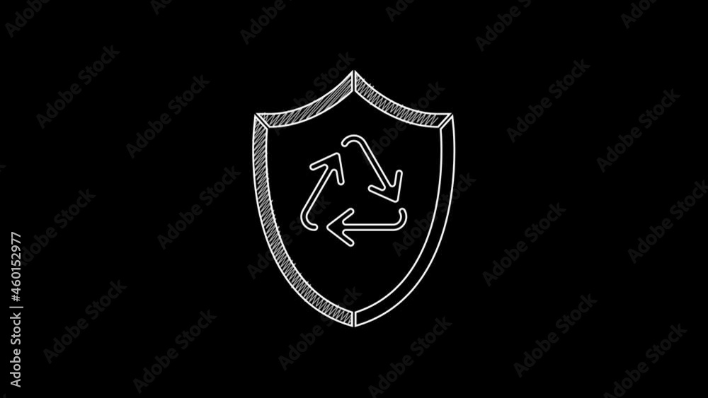 White line Recycle symbol inside shield icon isolated on black background. Eco protection sign. 4K Video motion graphic animation White line Recycle symbol inside shield icon isolated on black background. Eco protection sign. 4K Video motion graphic animation