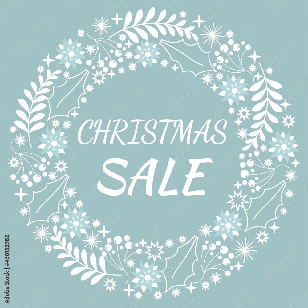 Christmas sale text in a circle of decorative ornaments. Stars,ashberry,snowflakes and leaves. Winter holidays concept. Christmas sale text in a circle of decorative ornaments. Stars,ashberry,snowflakes and leaves. Winter holidays concept.