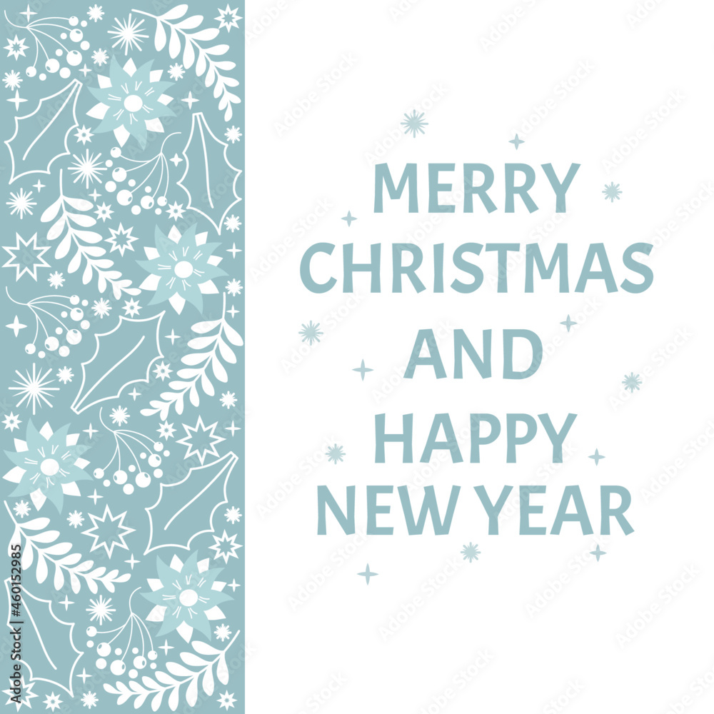 happy new year and christmas card in light blue and white colors with christmas ornaments. happy new year and christmas card in light blue and white colors with christmas ornaments.