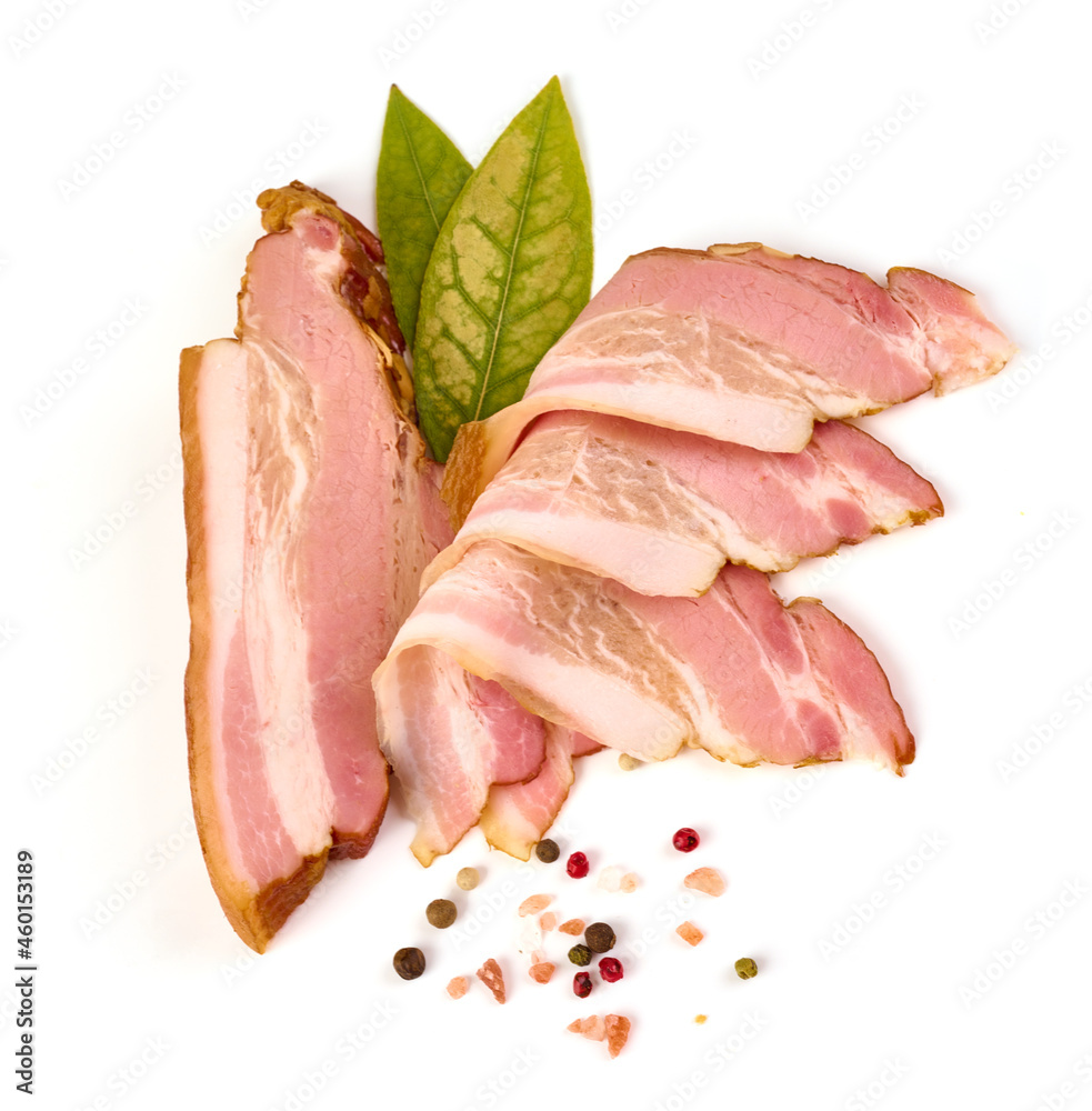 Slices of smoked brisket, pork bacon, isolated on white background. Slices of smoked brisket, pork bacon, isolated on white background.