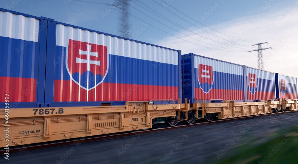 Obraz premium Slovak export. Running train loaded with containers with the flag of Slovakia. 