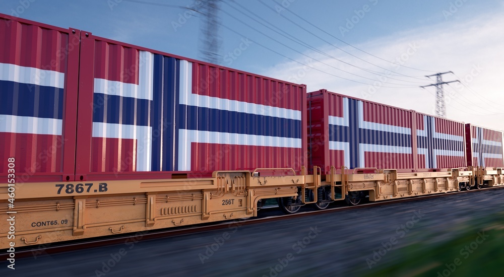 Obraz premium Norwegian export. Running train loaded with containers with the flag of Norway.