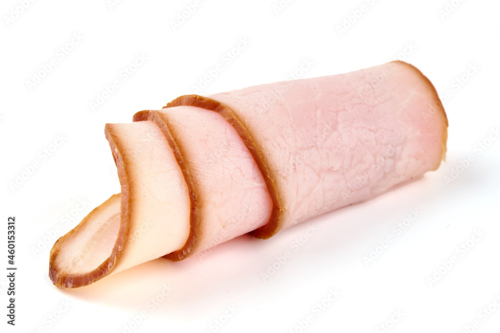 Smoked pork tenderloin, sliced ham, meat fillet, isolated on white background. Smoked pork tenderloin, sliced ham, meat fillet, isolated on white background.