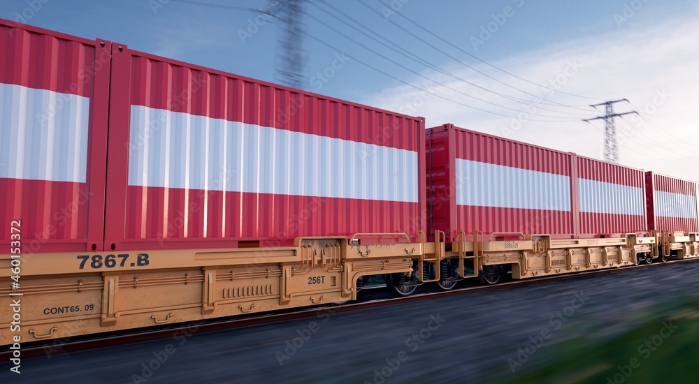 Austrian export. Running train loaded with containers with the flag of Austria. Austrian export. Running train loaded with containers with the flag of Austria.