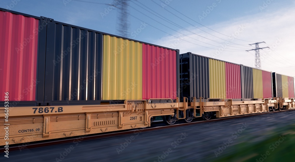 Obraz premium Belgian export. Running train loaded with containers with the flag of China. 