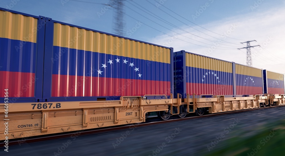 Obraz premium Venezuelan export. Running train loaded with containers with the flag of Venezuela.