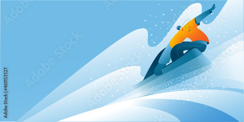 A man in a bright suit to snowboard. Winter landscape with snow. Horizontal banner template.