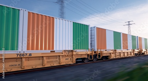 Irish export. Running train loaded with containers with the flag of Ireland. 