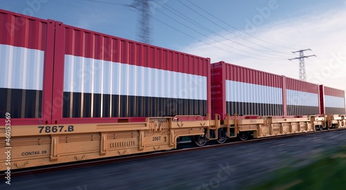 Yemeni export. Running train loaded with containers with the flag of Yemen. 