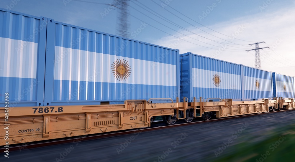 Argentine export. Running train loaded with containers with the flag of Argentina. 