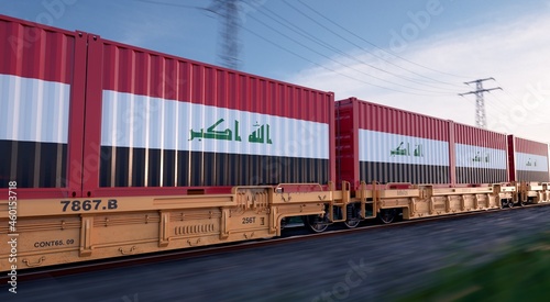 Iraqi export. Running train loaded with containers with the flag of Iraq. 