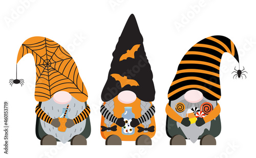 Halloween vector gnomes with potion, bottle with eyes, candies on white background