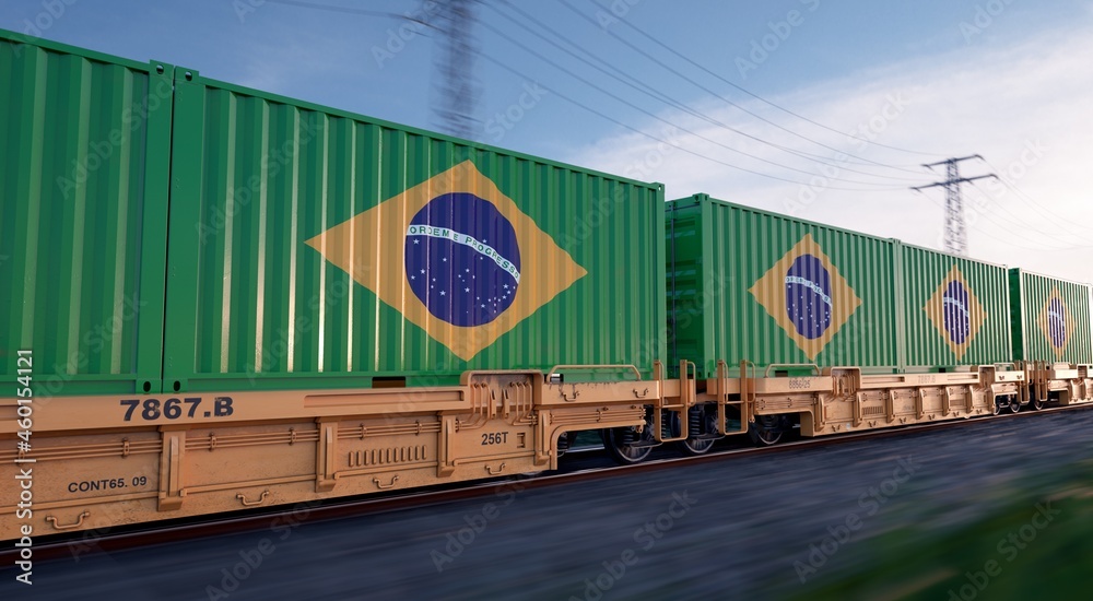 Obraz premium Brazilian export. Running train loaded with containers with the flag of Brazil. 