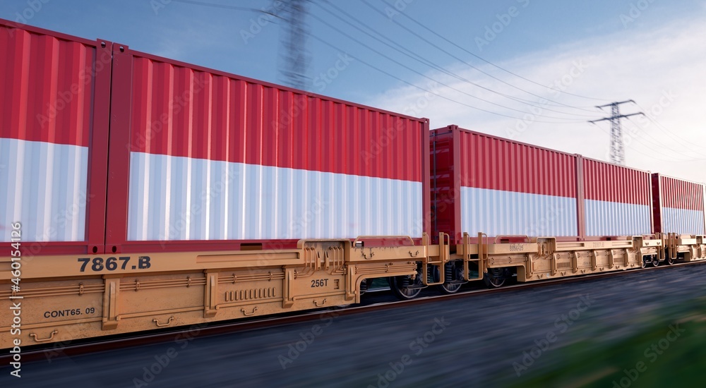 Indonesian export. Running train loaded with containers with the flag of Indonesia. 
