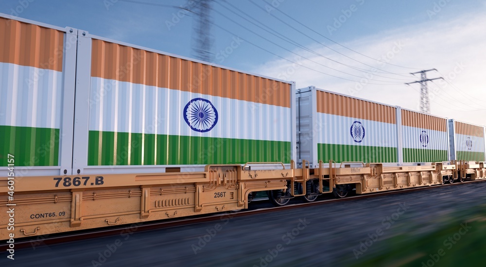 Indian export. Running train loaded with containers with the flag of India. 