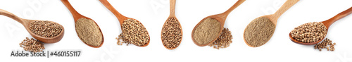 Set with coriander seeds and powder on white background. Banner design