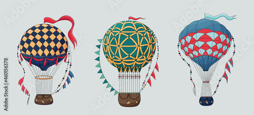 Set of Vintage hot air balloon. Different balloon aerostat collection. Color air balloons isolated. Large bag filled with hot gas and basket.
Flying transport. Hand drawn vintage style flight airship.