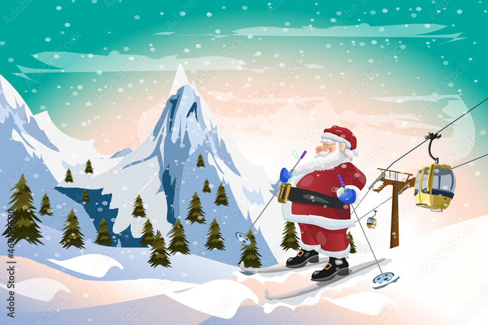 Santa Claus Skiing with Gondola tram Winter  time Christmas background vector design