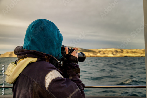 Photographer takes pictures of southern right whales in Valdez Peninsula, Chubut, Argentina