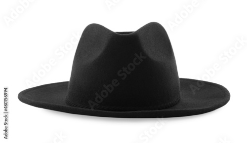 Stylish black hat isolated on white. Trendy headdress