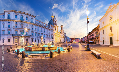 Piazza Navona with the Moor Fountain and Basilica at sunset, Rome, Italy