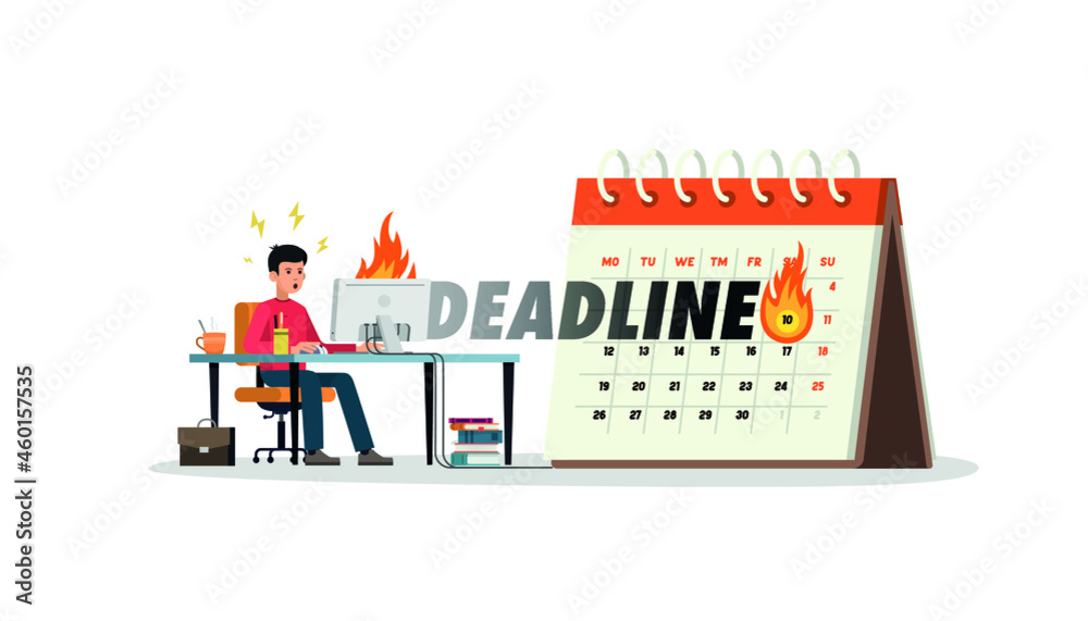 Deadline. Man at a computer desk on a calendar background.