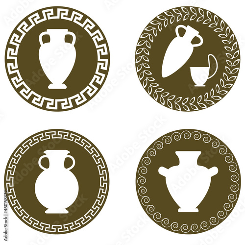 Set of ancient logos with greek antiquity vases. Vector greek flat urns collection. Amphora icon, antique pottery