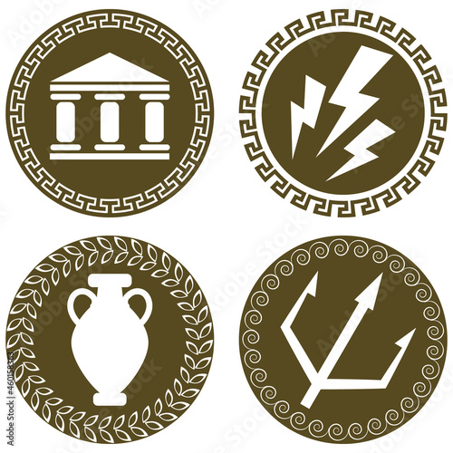 Set of ancient flat logos with temple, Zeus lightning, amphora and trident of Poseidon. The symbols of antiquity and Greece. Greek history and mythology 