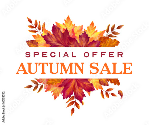 Autumn Sale illustration template. Background layout with autumn leaves