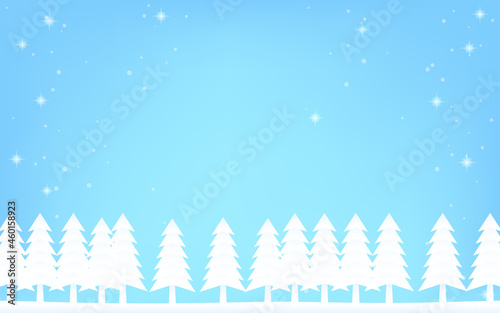 モミの木の森の白いシルエットと雪の降る空の背景