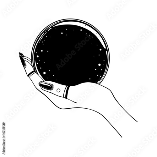 Female hand holding Magic Crystal Ball isolated on white. Creepy cute vector illustration. Gothic design, mystic magician symbol in black outlines. Future telling, Halloween concept.
