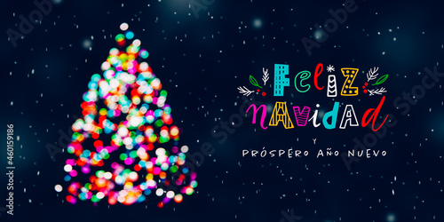 Feliz Navidad greeting card with an abstract tree full of colorful Christmas lights