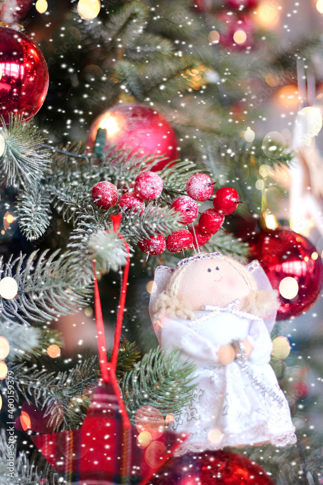 Christmas decorations on the Christmas tree, Christmas decorations, Christmas angel, decorated Christmas tree, toys