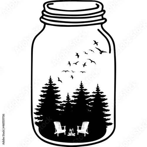Hand drawn travel badge with pine trees and adirondack chairs and camp fire in a jar textured vector illustration 