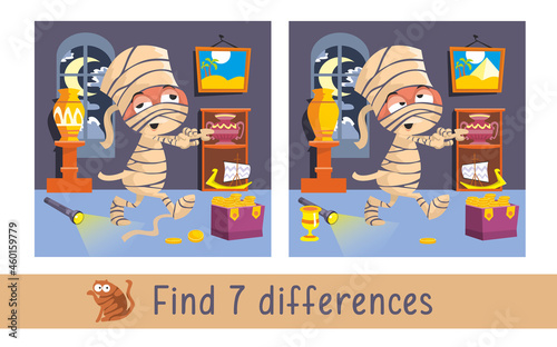 Funny mummy walks through museum on full moon. Find 7 differences. Game for children. Activity, vector.